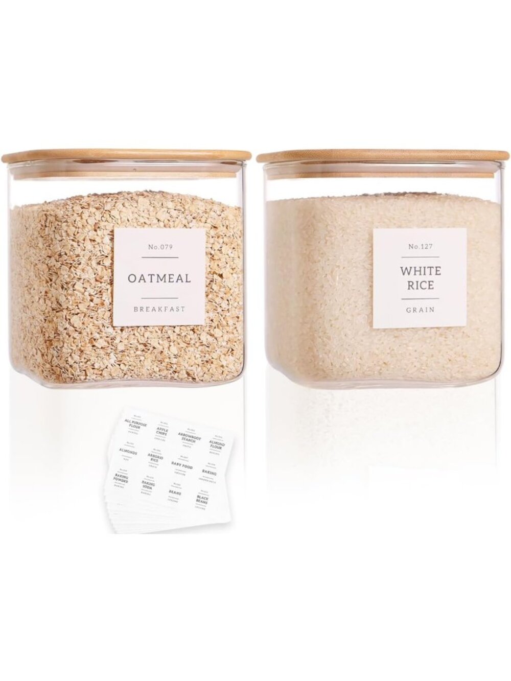 2 Pack Large Airtight Glass Storage Jars with Bamboo Lids & 132 Pantry Labels